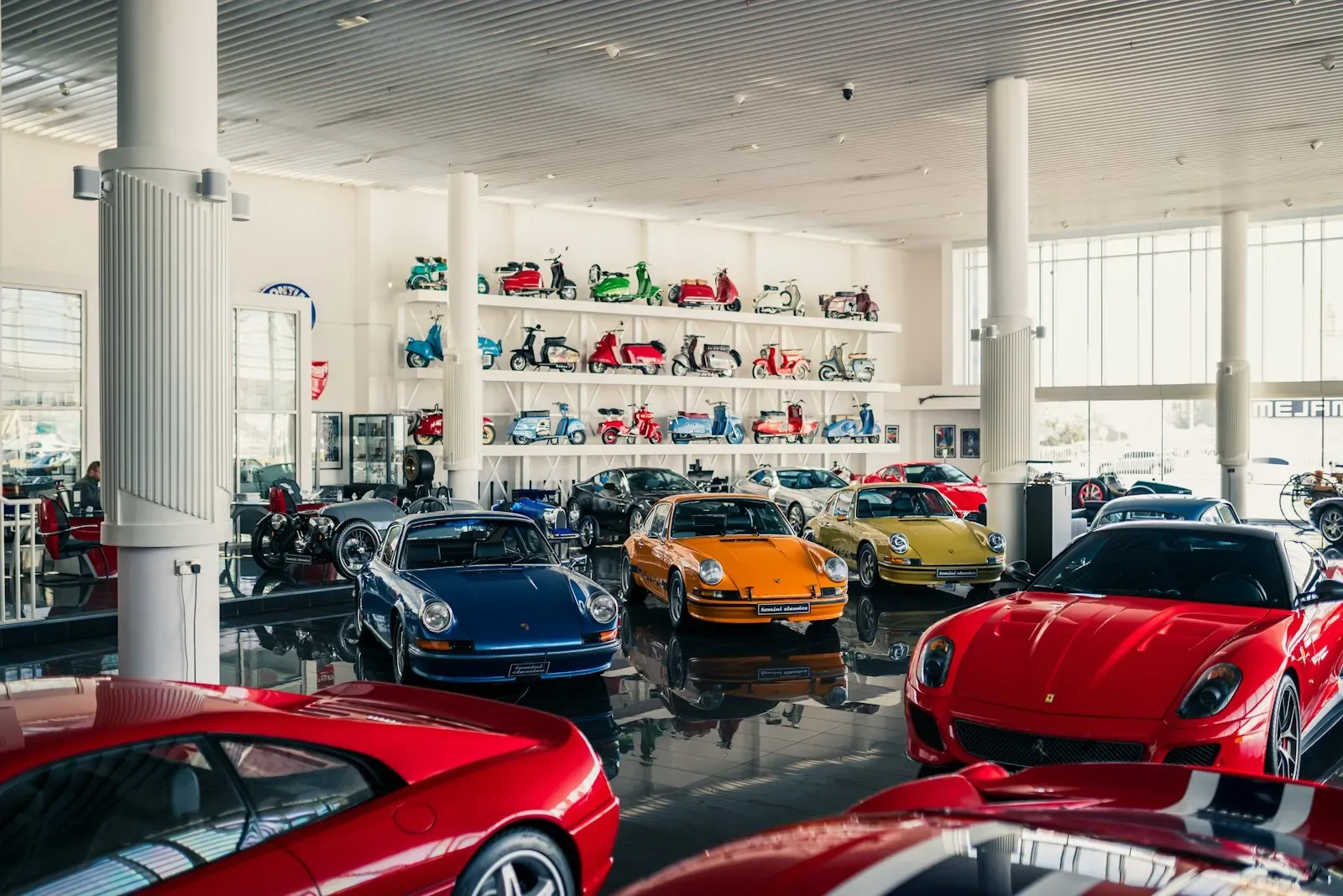 A showroom of imported sports cars